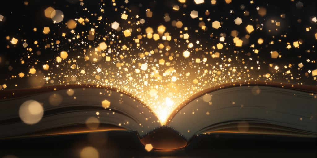 Open book with glowing pages and abstract light particles.