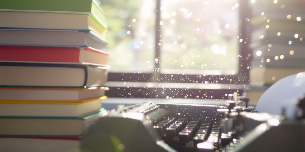 Typewriter and books bathed in sunlight