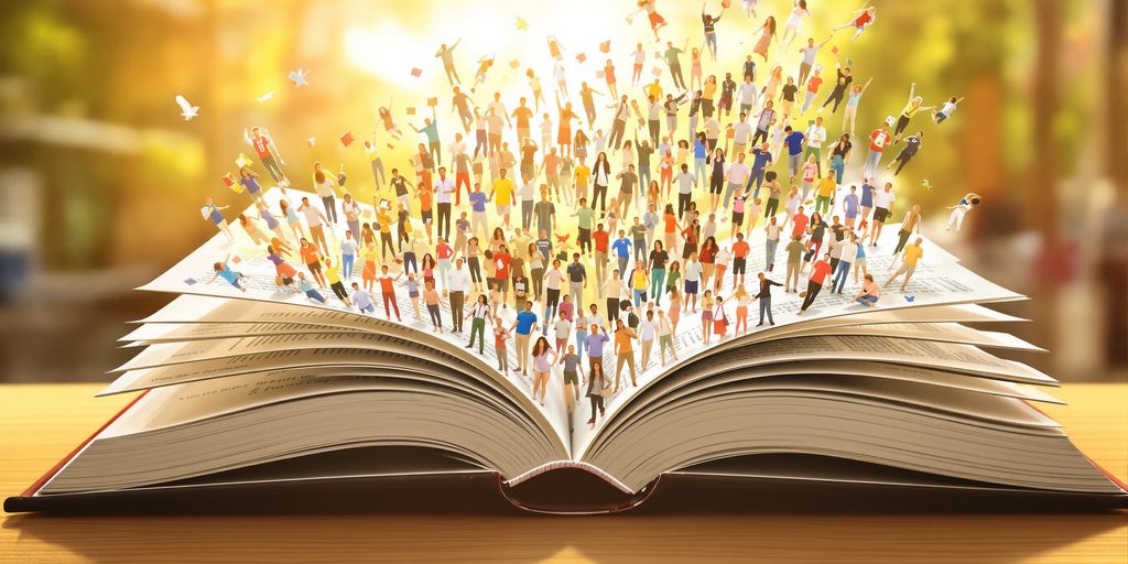 Open book with people flowing out towards readers.