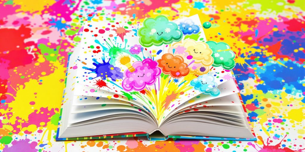 Open storybook with colorful clouds and paint splatters.