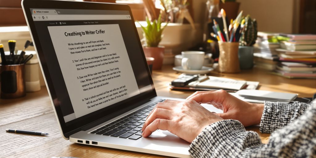 Writer's hands on a laptop keyboard at a desk.