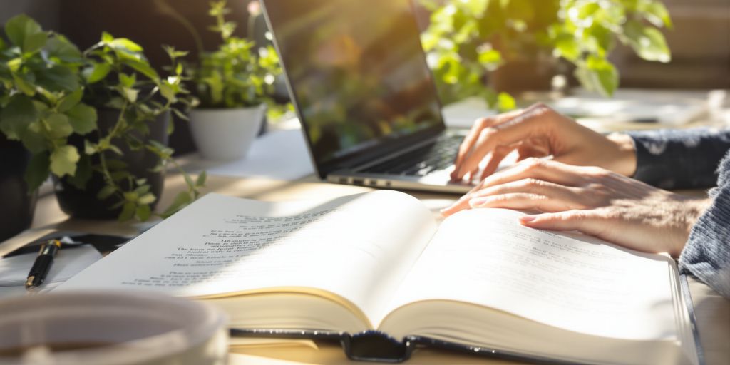 Author earning money online with laptop and book.